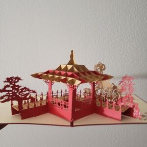 Pop-Up Card 3D Laser Cut Asian Pagoda Garden Theme Greeting Card With Envelope